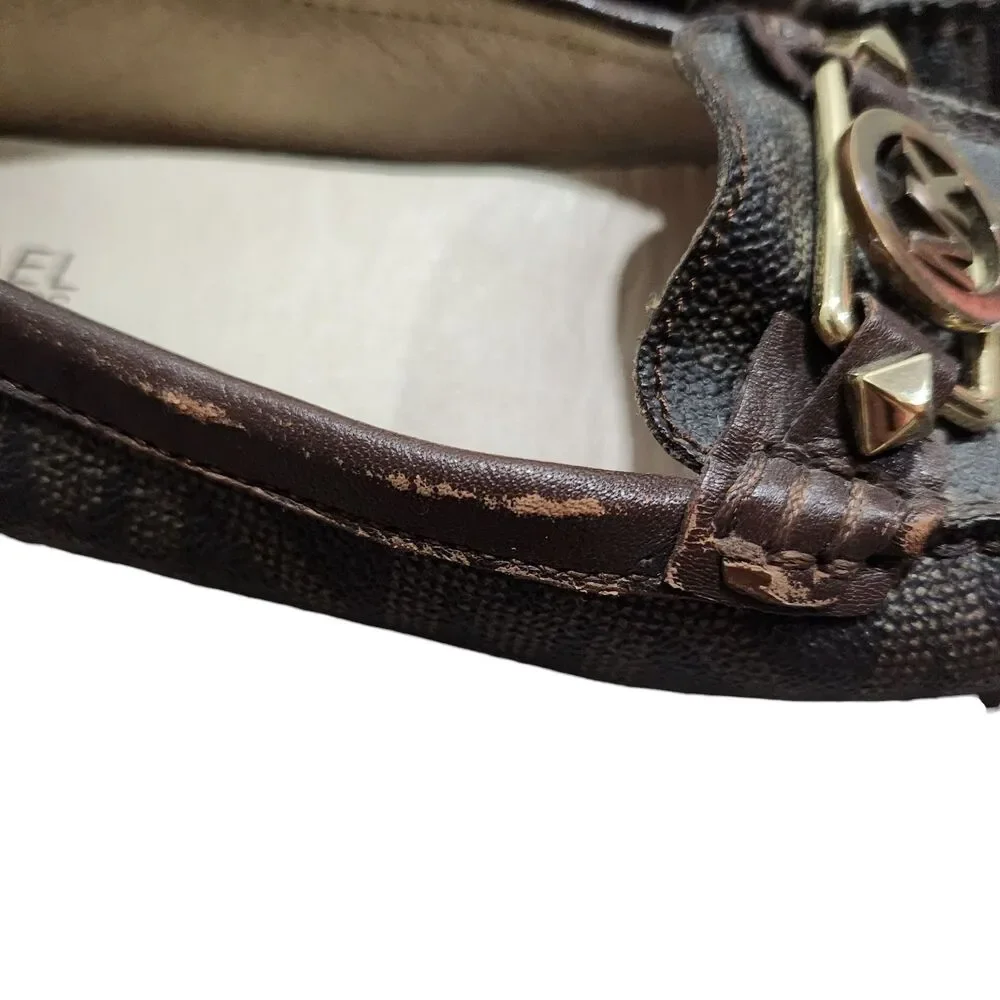 Michael Kors Brown Logo Loafers‎ Flats Gold MK Hardware Women’s Size 6M